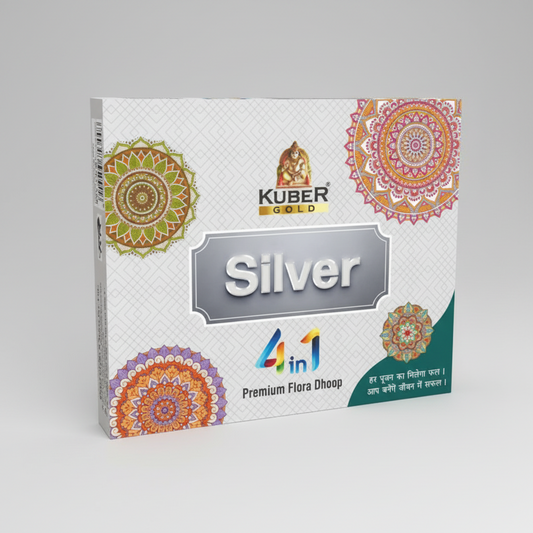 Kuber Gold Silver 4in1 Premium Flora Dhoop packaging with decorative elements on a white background