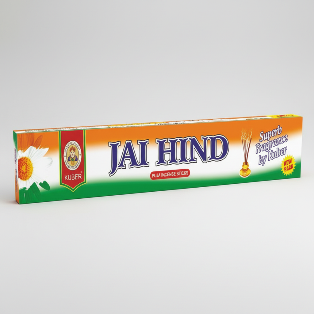 Box of Jai Hind incense sticks with colorful packaging on a white background
