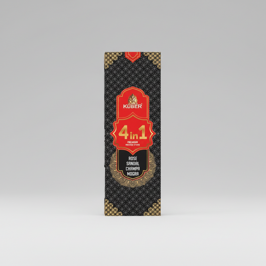 Kuber 4in1 incense stick box with red and gold design on a black background