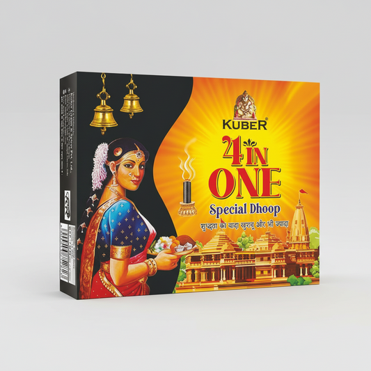 Kuber 24 in One Special Dhoop packaging with a woman and temple illustration