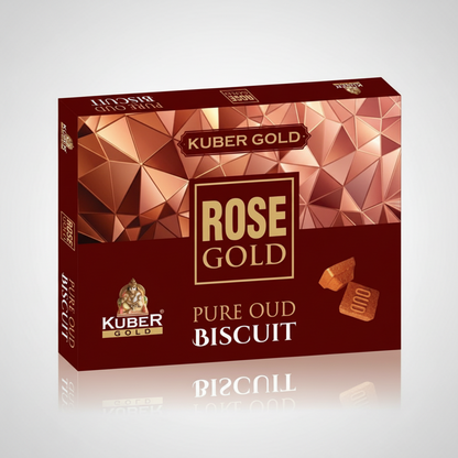 Kuber Gold Rose Gold Pure Oud Biscuit packaging on a white background